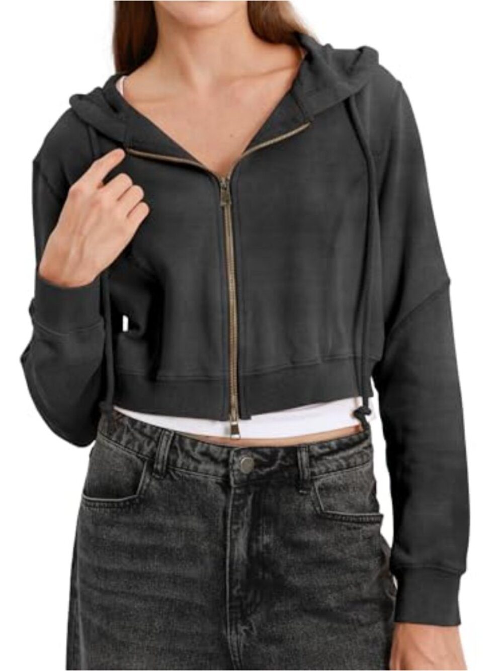 Women's Vintage Crop Hoodie Cotton Double Zipper Sweatshirt